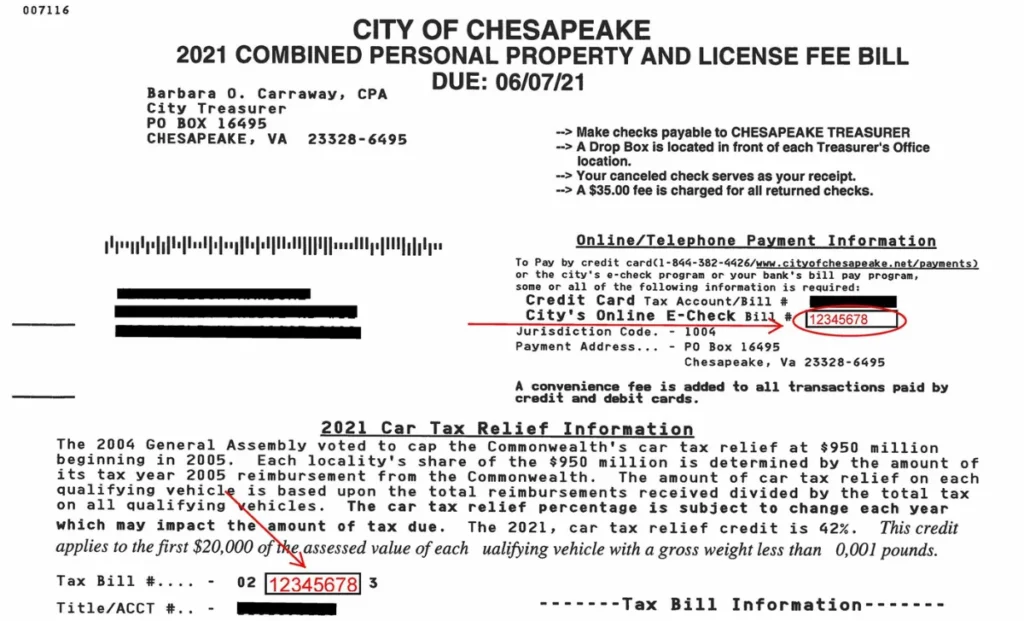 Example for Personal Property Tax bill in Chesapeake VA