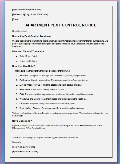 Apartment pest control notice to tenants sample 1 